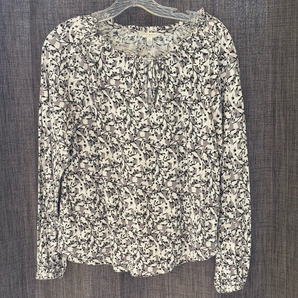 Lucky Brand Women's Long Sleeve Top Blouse SZ M Black and Gray Peep Hole w/ Tie